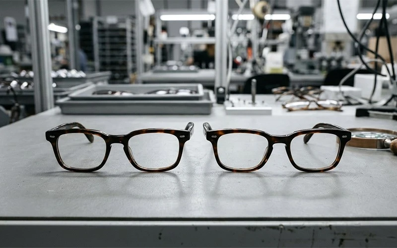 acetate optical frames on factory workbench with magnifying glass and blurred workshop background for quality control acetate optical frames on factory workbench with magnifying glass and blurred workshop background for quality control